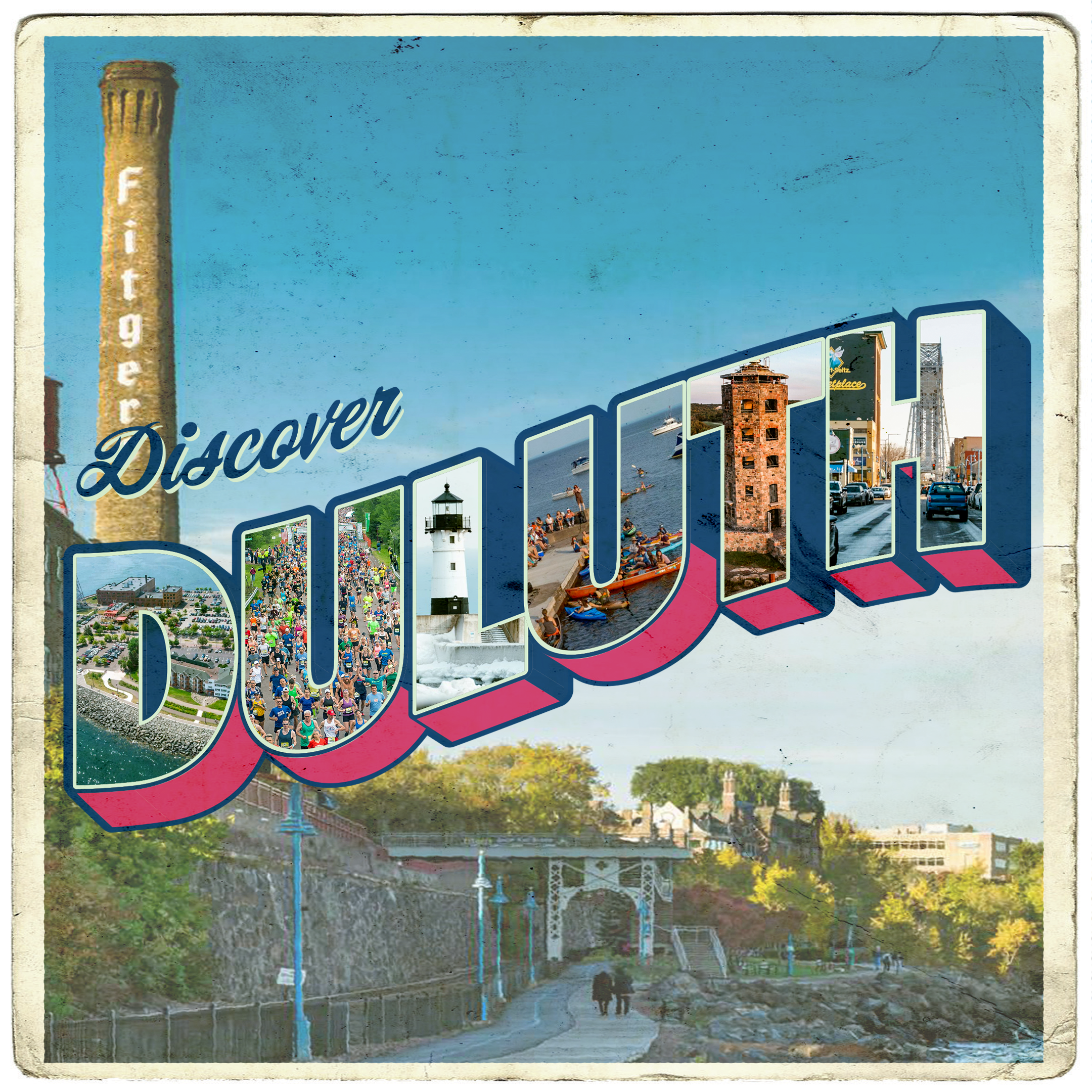 A postcard graphic with a photo of Duluth and a vintage-inspired text overlayed